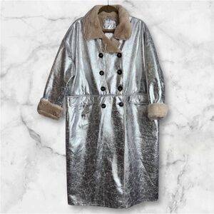 Bobbles and Lace Silver Metallic Faux Shearling Trench Coat